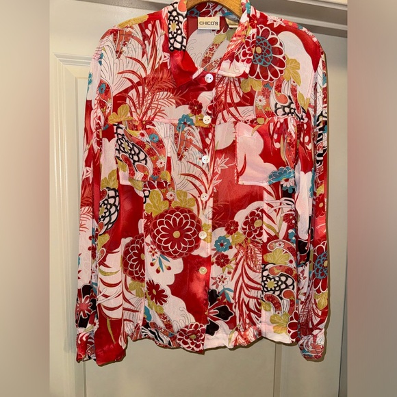 CHICO’S Silk Red Floral Blouse size M - Picture 2 of 12